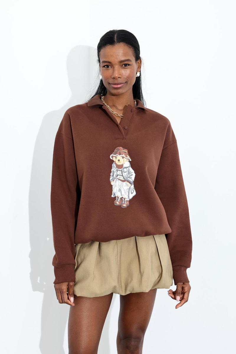 Kahverengi Polo Yaka Teddy Baskılı Sweatshirt 111042