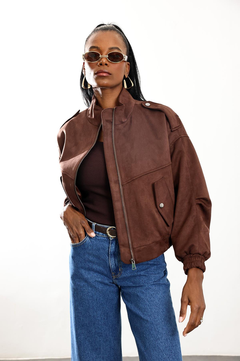 Kahverengi Süet Bomber Ceket D99806