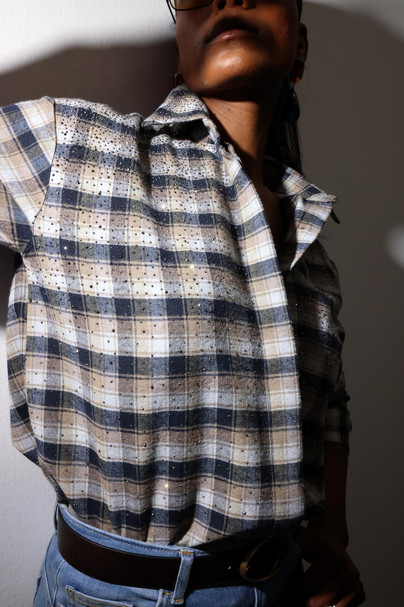 Kahverengi Taş İşlemeli Kareli Gömlek 2688