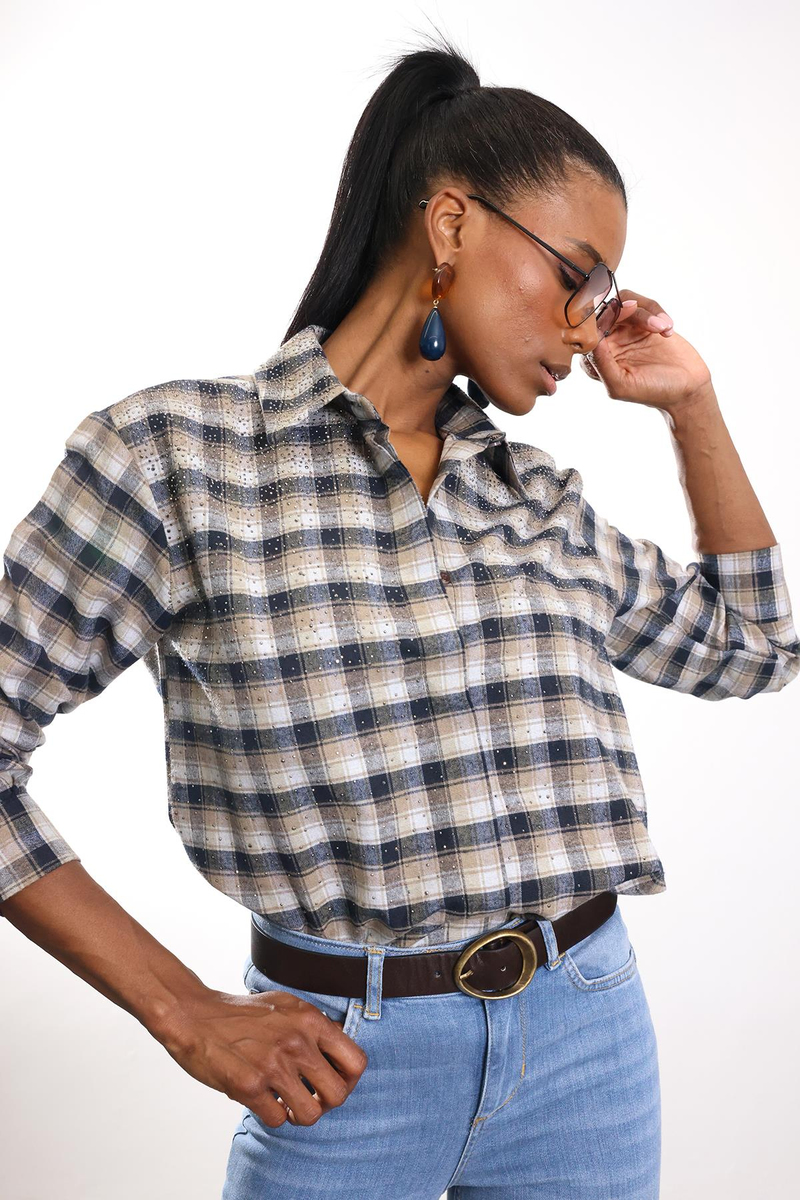 Kahverengi Taş İşlemeli Kareli Gömlek 2688