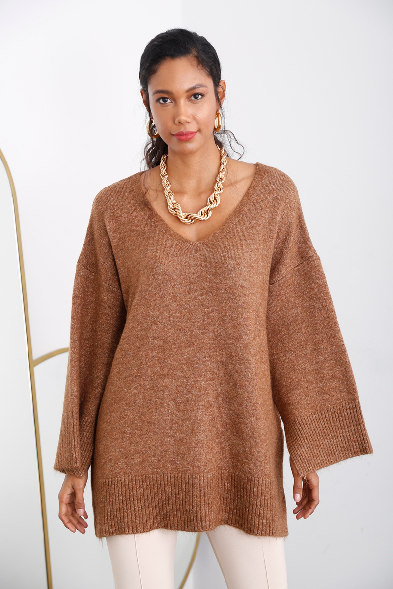 Kahverengi V Yaka Oversize Triko 5616
