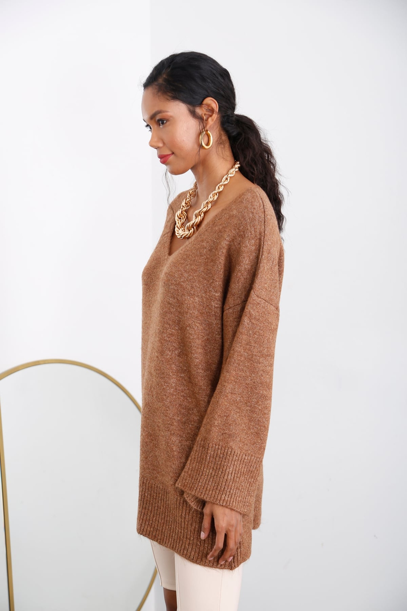 Kahverengi V Yaka Oversize Triko 5616