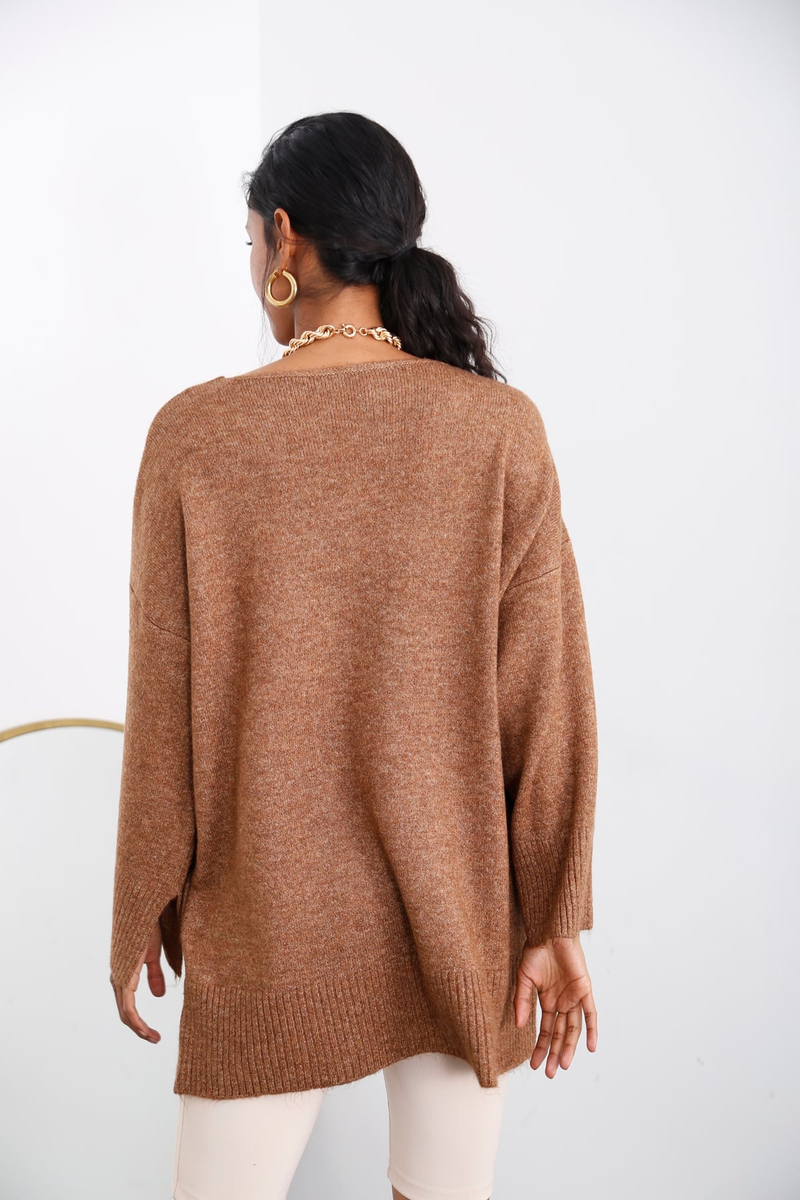 Kahverengi V Yaka Oversize Triko 5616