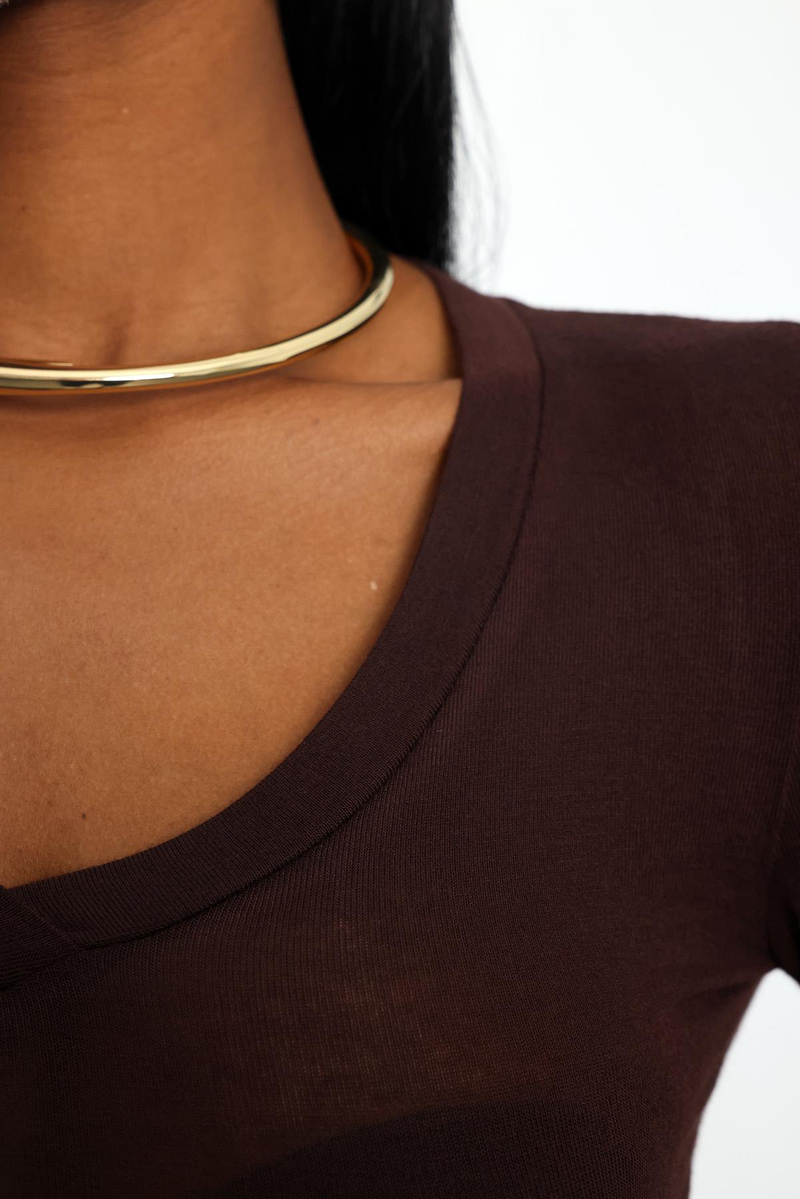 Kahverengi V Yaka Transparan Bluz 17374