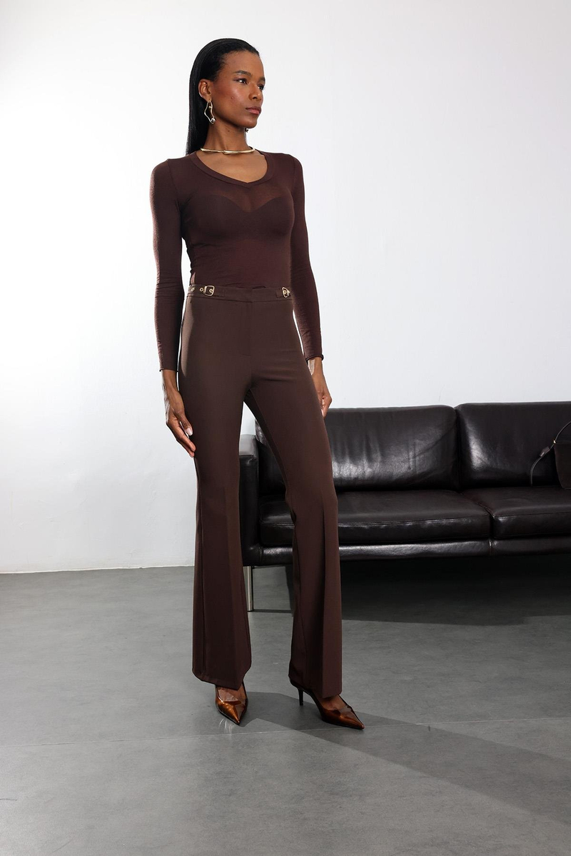 Kahverengi V Yaka Transparan Bluz 17374