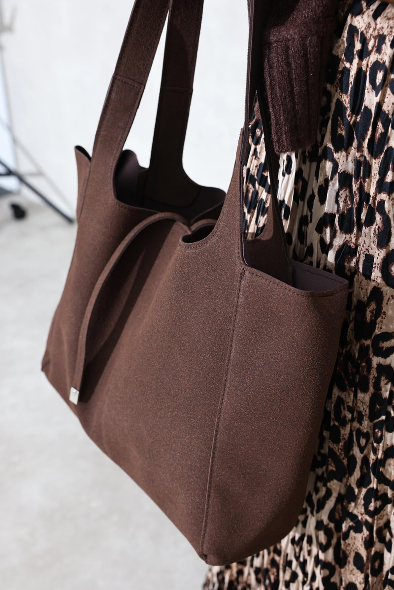 Kahverengi Yavrulu Süet Shopper Çanta 