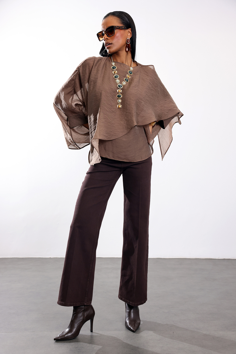 Kahverengi Yüksek Bel Wide Leg Jean 