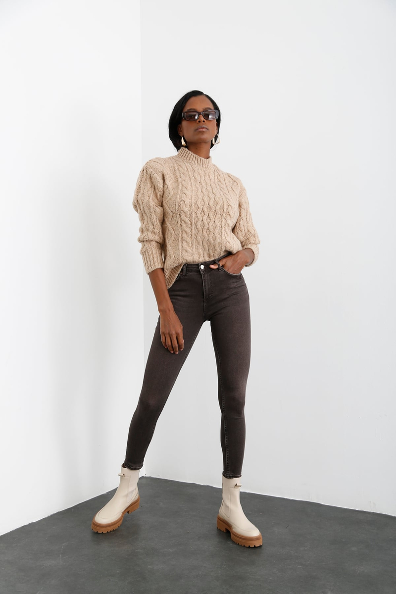 Kahverengi Yüksek Bel Yıkamalı Skinny Jean D.553