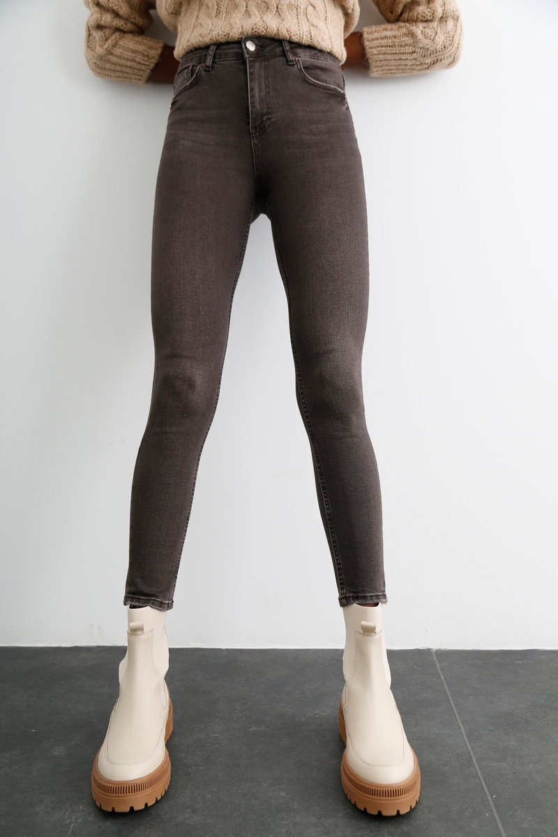 Kahverengi Yüksek Bel Yıkamalı Skinny Jean D.553