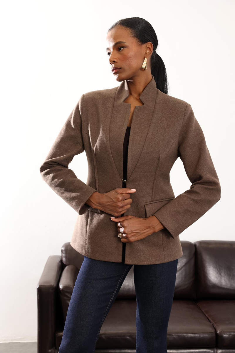 Kahverengi Yün Dokulu Binici Blazer Ceket 358002