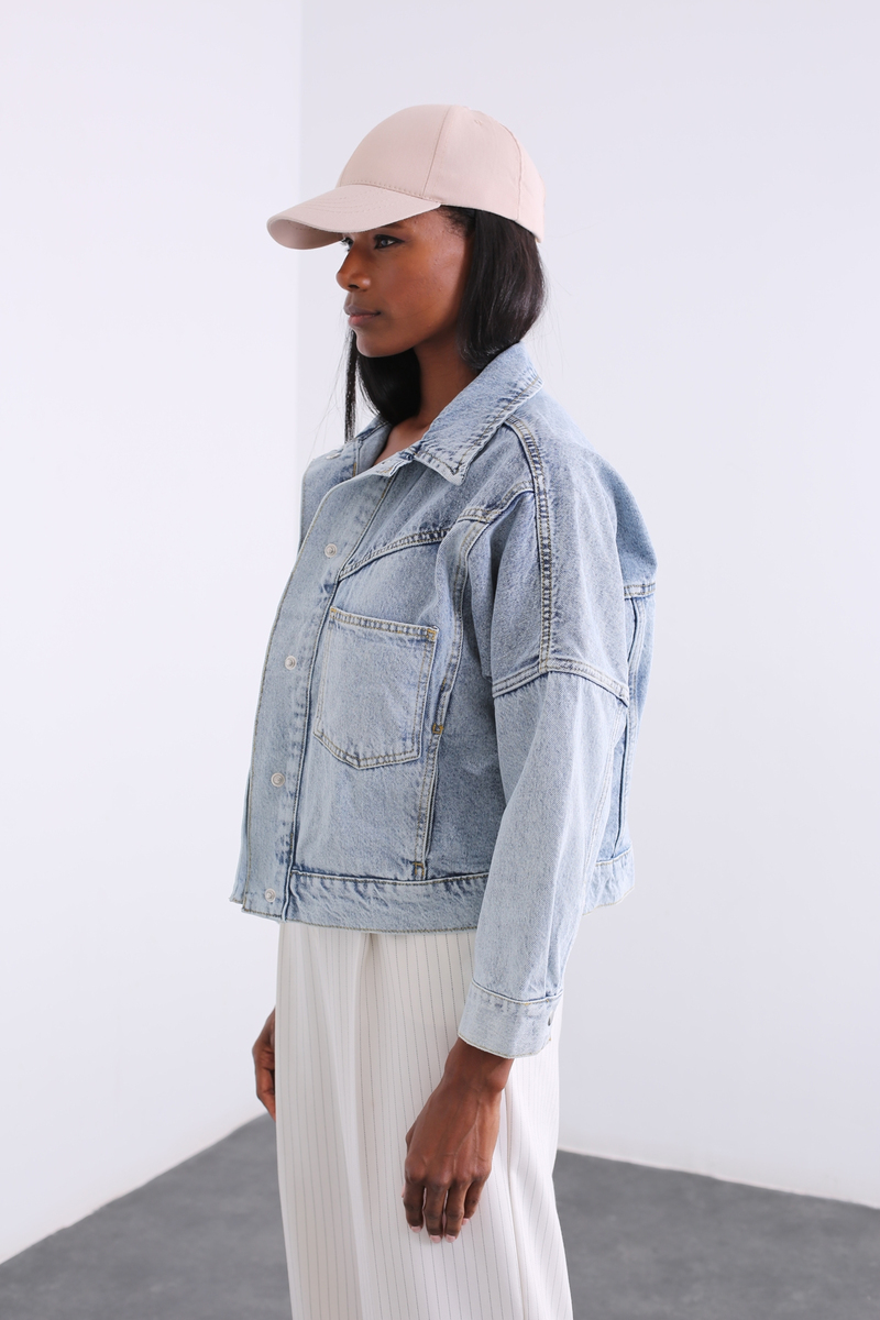 Kar Yıkamalı Cepli Oversize Kot Ceket 5237