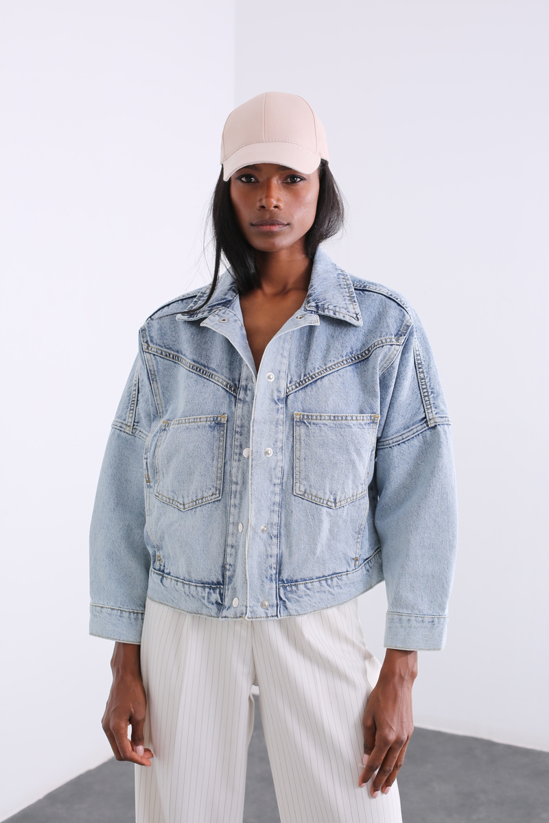 Kar Yıkamalı Cepli Oversize Kot Ceket 5237