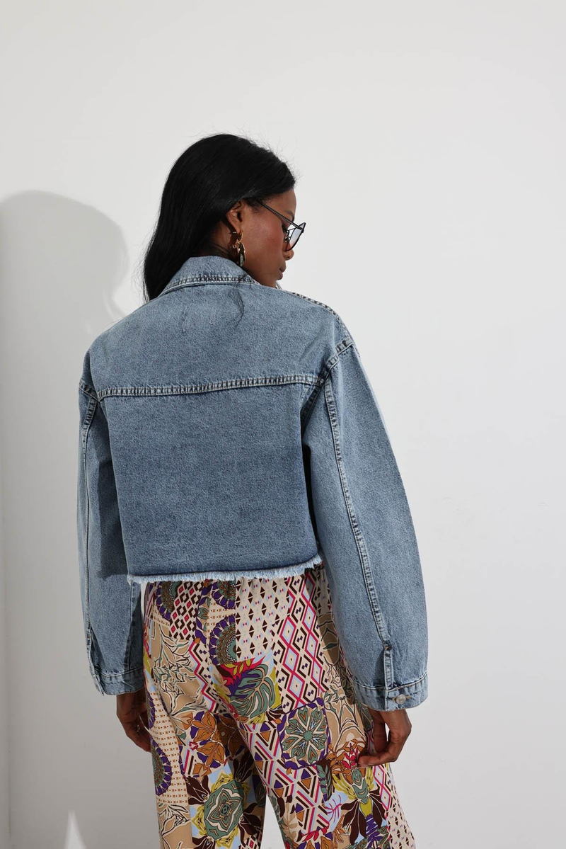 Kar Yıkamalı Crop Denim Ceket 