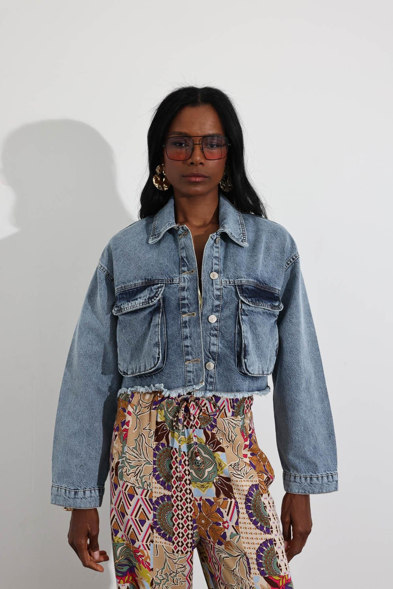 Kar Yıkamalı Crop Denim Ceket 