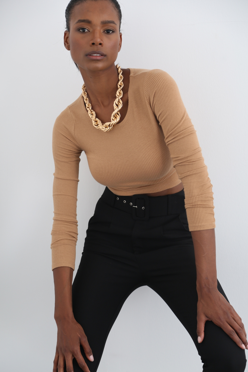 Karamel Uzun Kol Fitilli Kısa Crop 3358