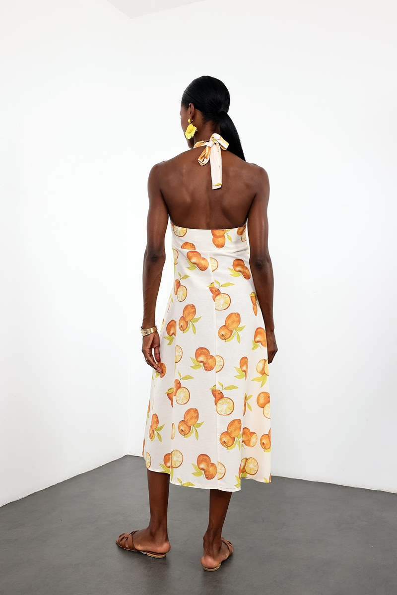 Kemik Önü Düğmeli Portakal Desenli Elbise 0515