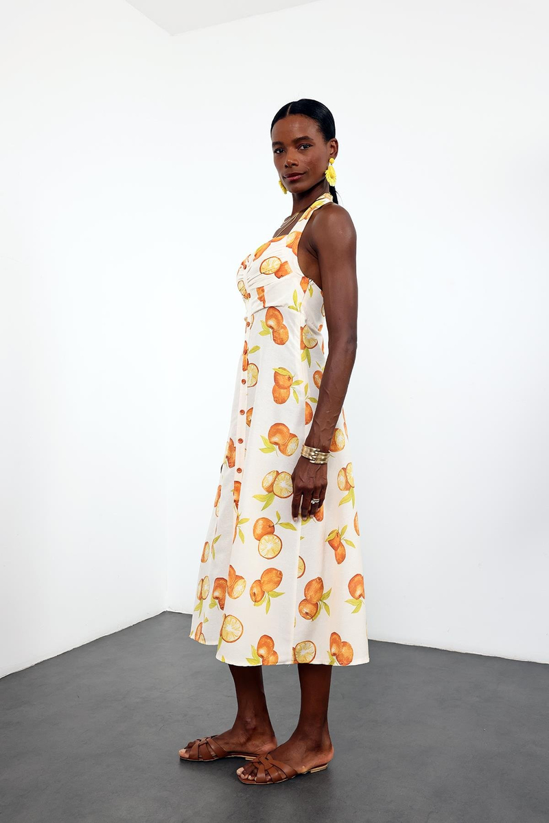 Kemik Önü Düğmeli Portakal Desenli Elbise 0515