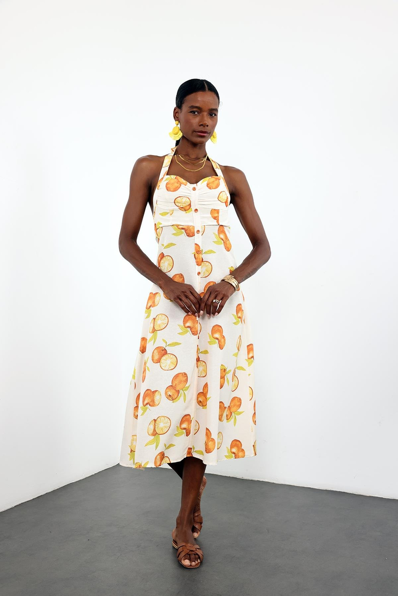 Kemik Önü Düğmeli Portakal Desenli Elbise 0515