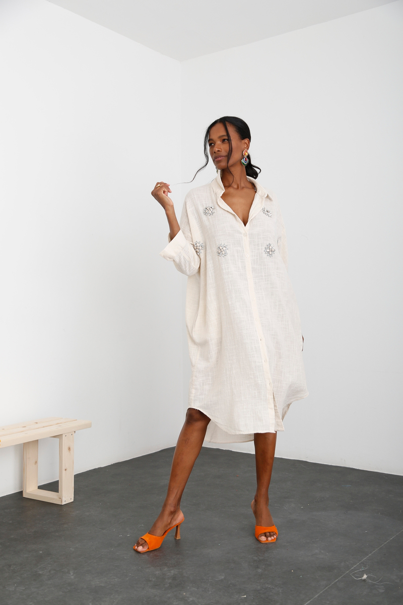 Kemik Taş İşlemeli Gömlek Elbise 2869
