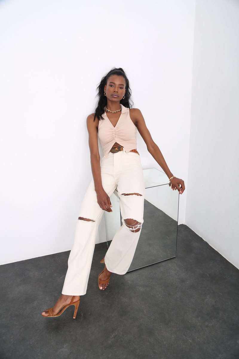 Kemik Yüksek Bel Yırtıklı Wide Leg Jean 72168