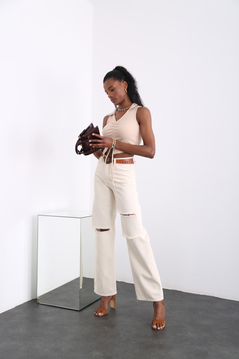 Kemik Yüksek Bel Yırtıklı Wide Leg Jean 72168