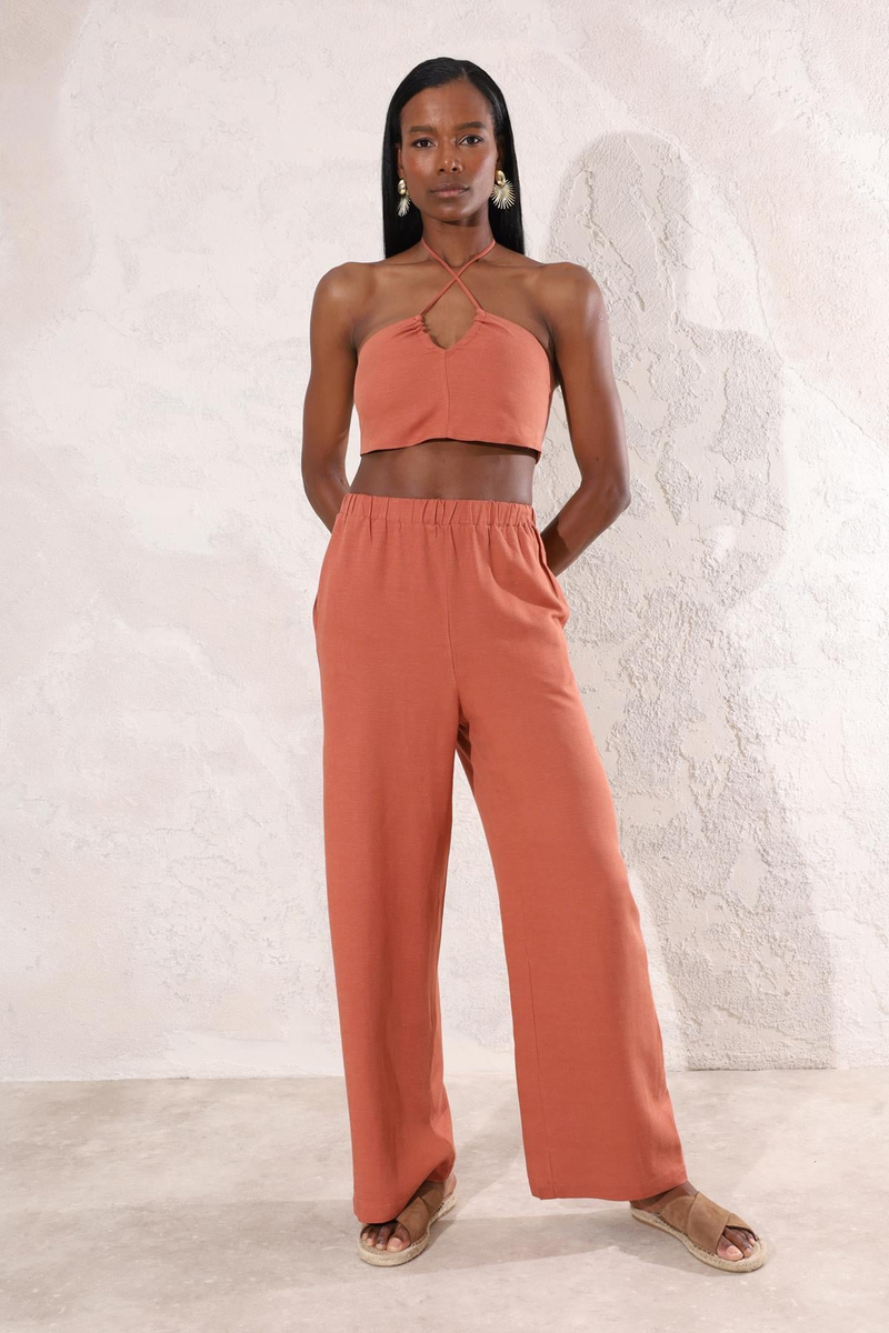 Kiremit Boyundan Bağlamalı Crop Pantolon Takım 1238