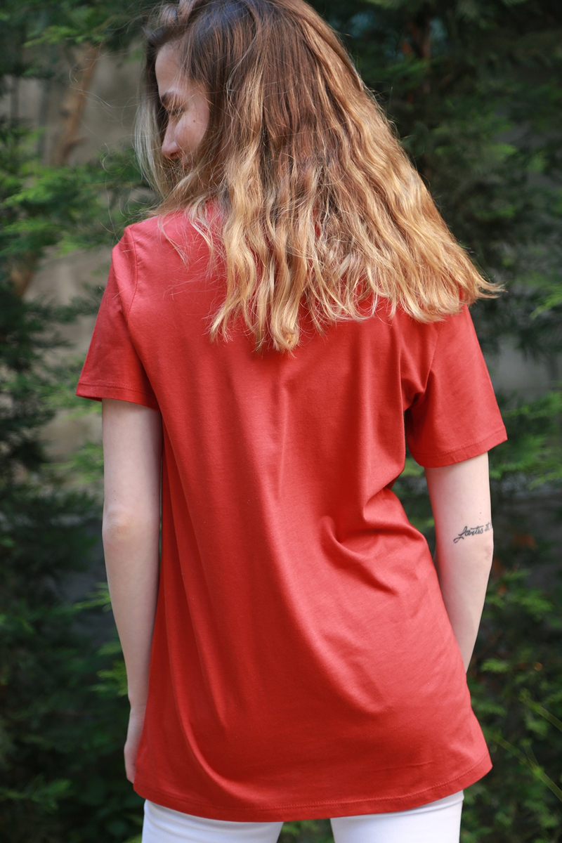 Kiremit Pamuklu V Yaka Tshirt