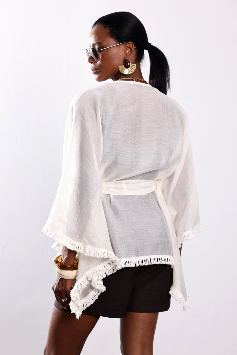 Kırık Beyaz Kuşaklı Püsküllü Kimono 5101