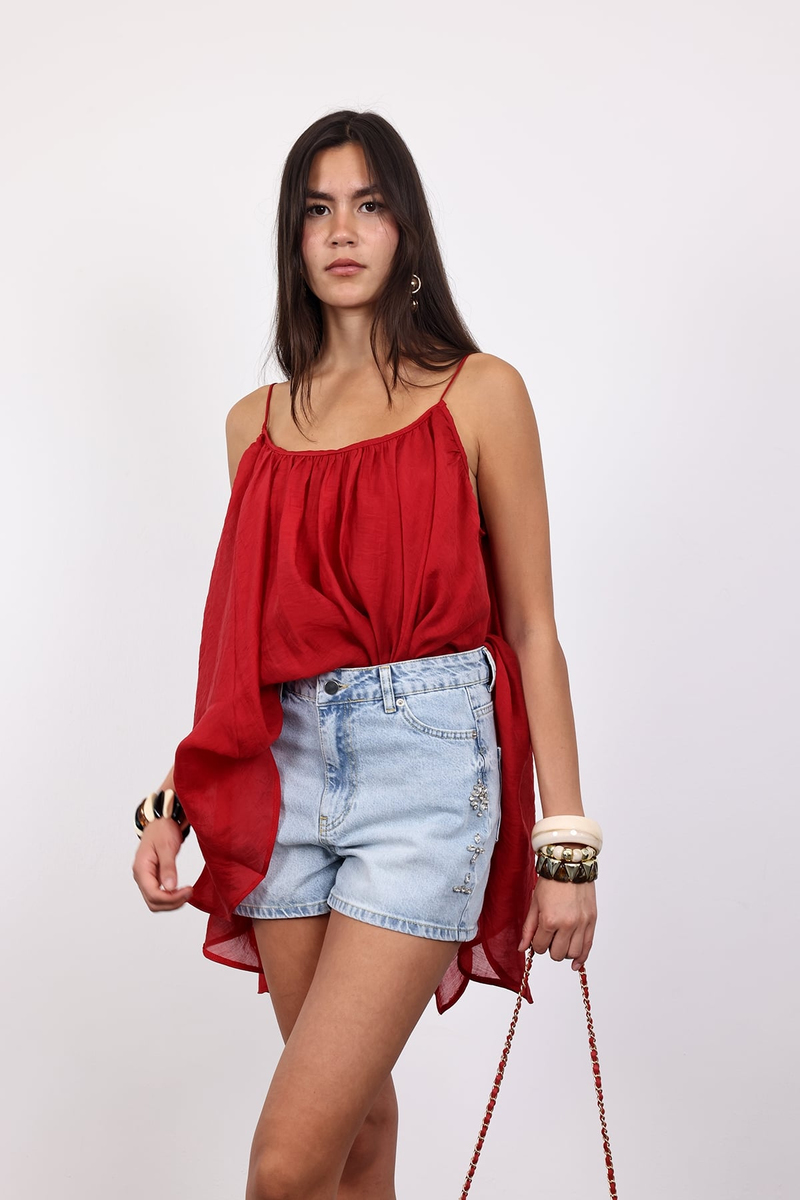 Kırmızı Askılı Pileli Bluz 5090