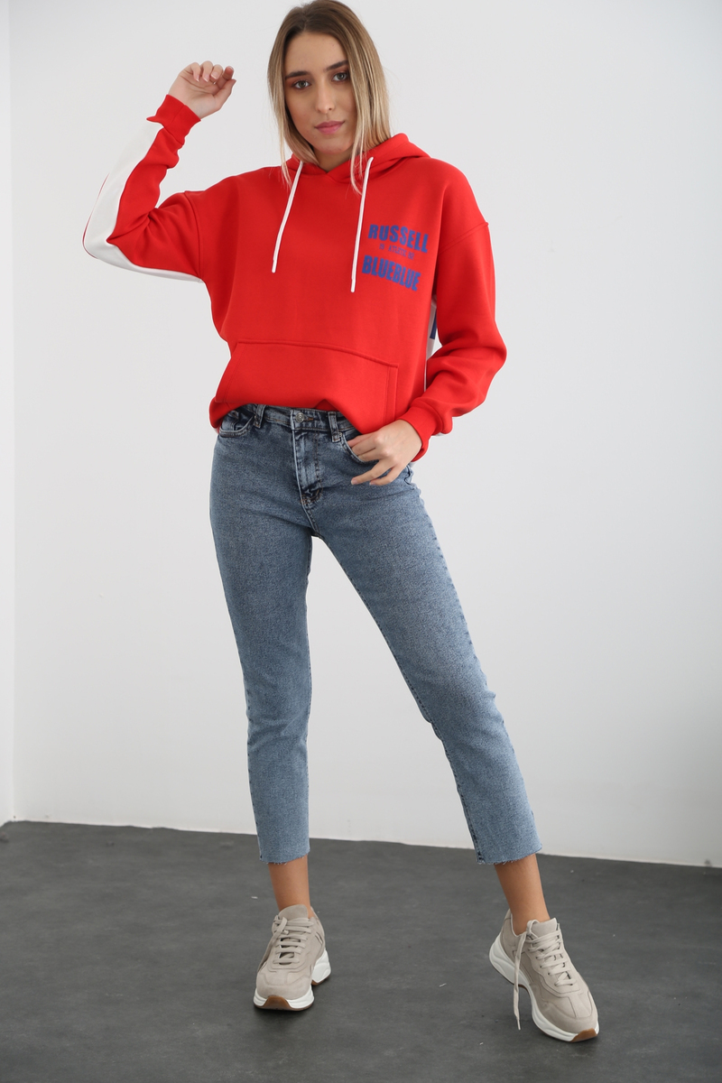 Kırmızı-Beyaz Russell Baskılı Sweatshirt 7323
