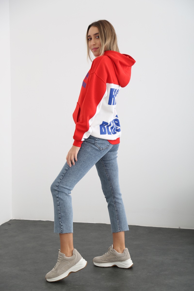 Kırmızı-Beyaz Russell Baskılı Sweatshirt 7323