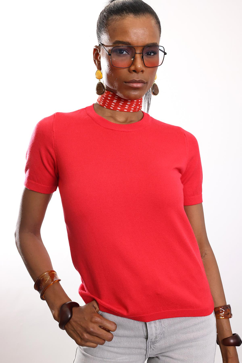 Kırmızı Bisiklet Yaka Kısa Kol Triko 4579