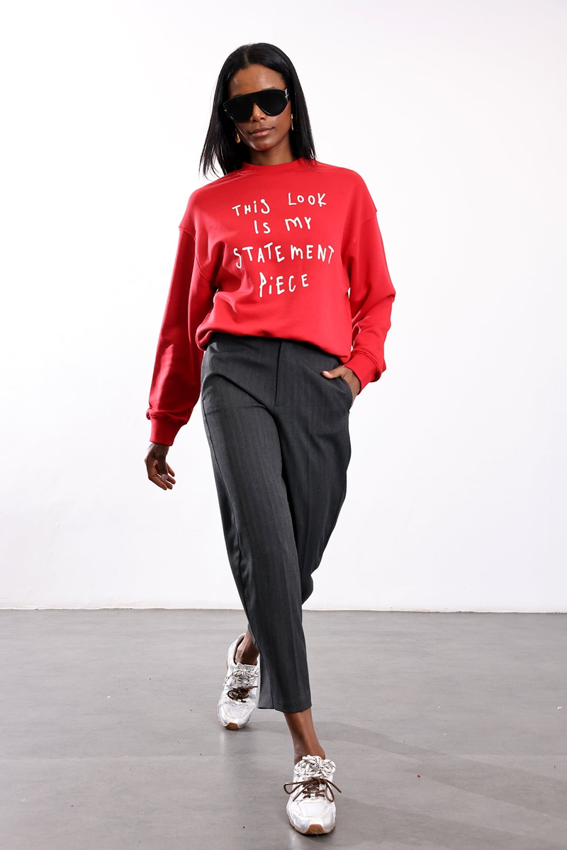 Kırmızı Bisiklet Yaka Yazılı Sweatshirt 955