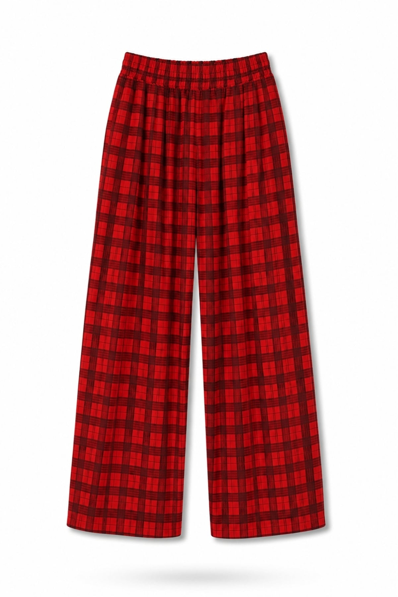 Kırmızı Ekose Desenli Barrel Pantolon 7973