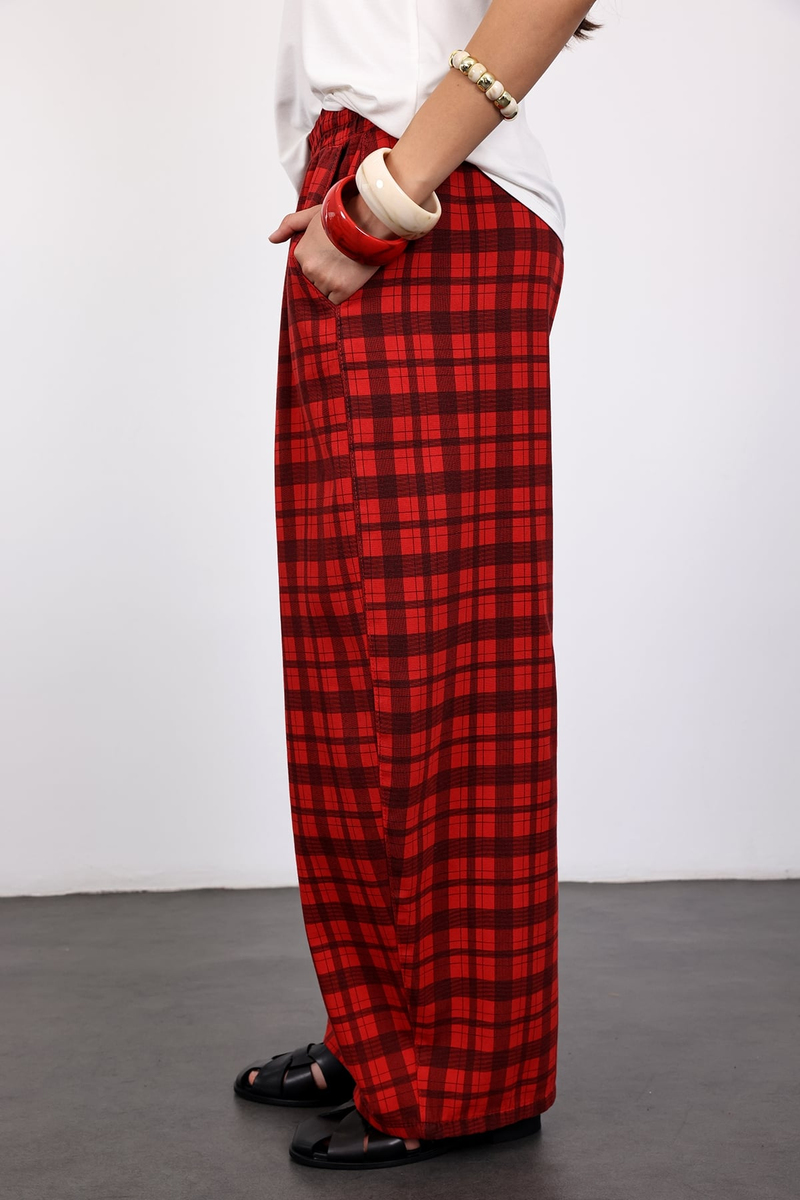 Kırmızı Ekose Desenli Barrel Pantolon 7973