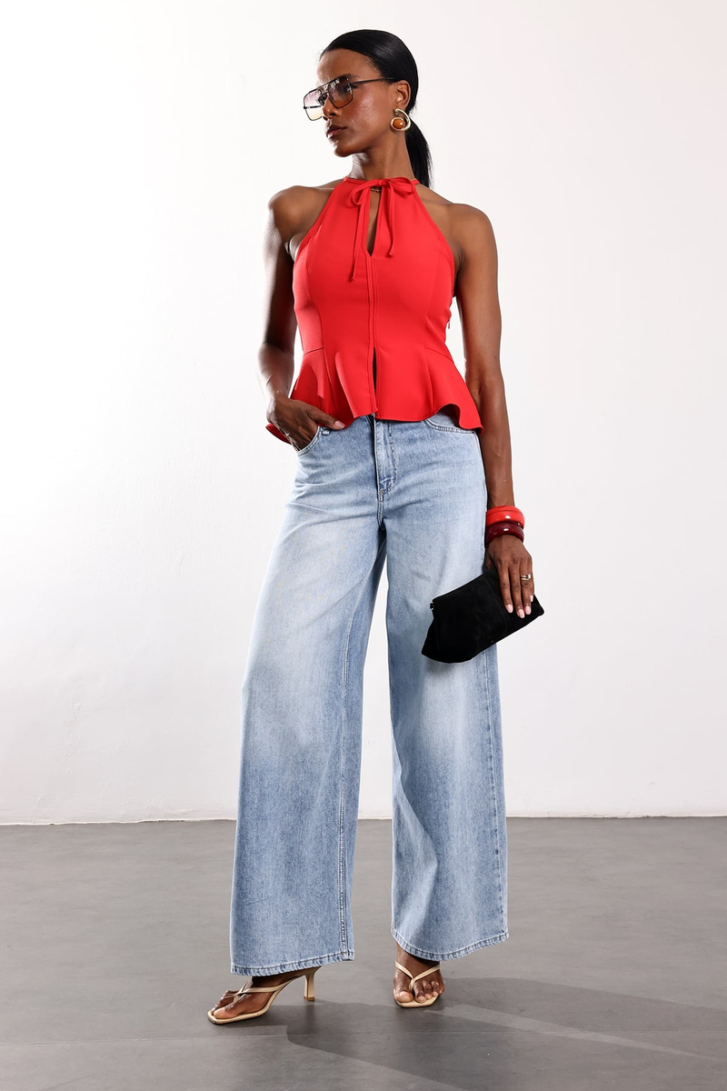 Kırmızı Halter Yaka Peplum Bluz 17767