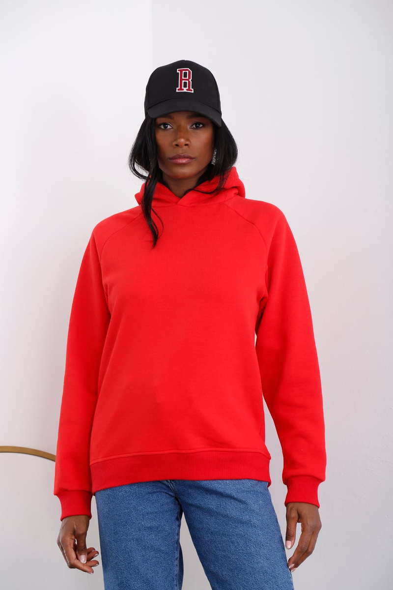 Kırmızı Kapüşonlu Şardonlu Sweatshirt 