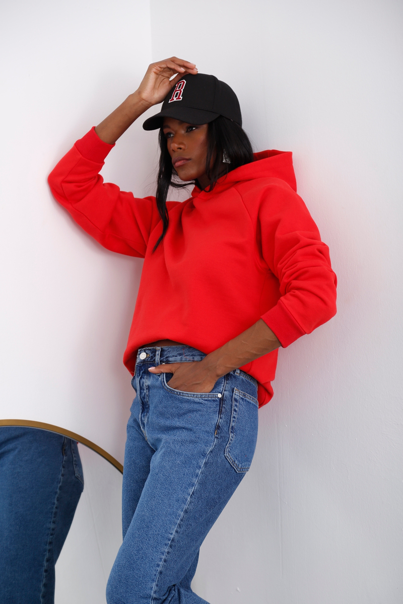 Kırmızı Kapüşonlu Şardonlu Sweatshirt 