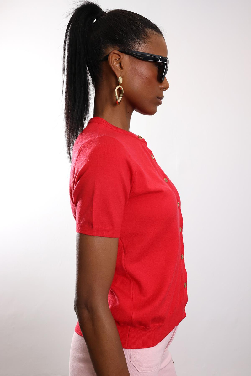 Kırmızı Kısa Kollu Triko Hırka 