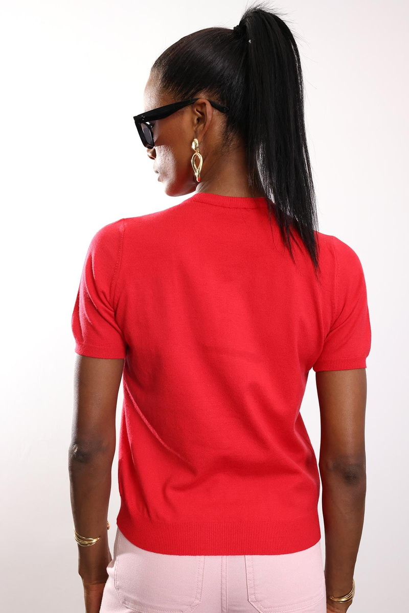Kırmızı Kısa Kollu Triko Hırka 