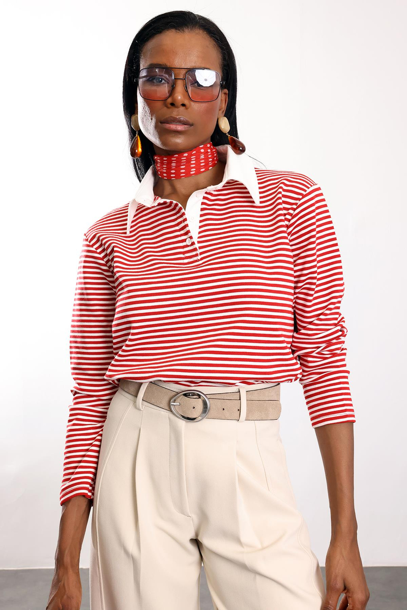 Kırmızı Polo Yaka Çizgili Uzun Kol Sweatshirt 