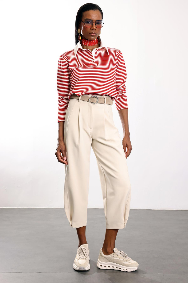 Kırmızı Polo Yaka Çizgili Uzun Kol Sweatshirt 