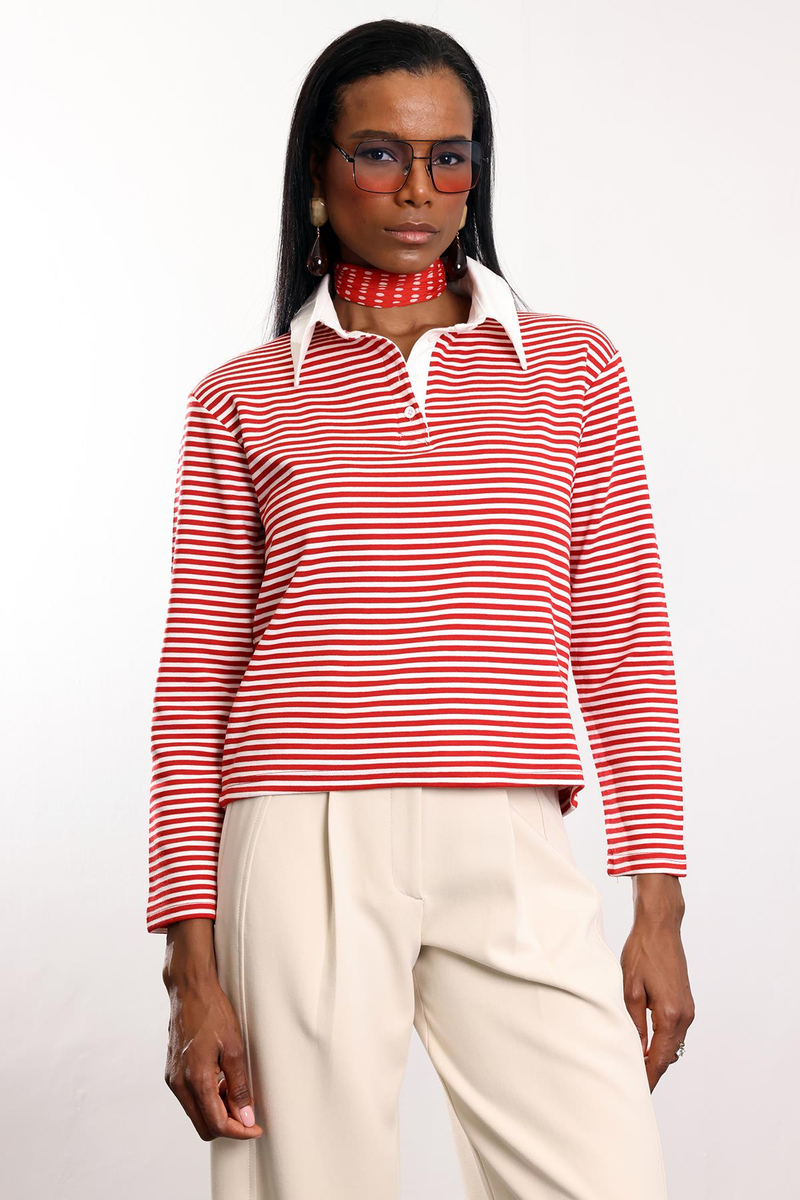 Kırmızı Polo Yaka Çizgili Uzun Kol Sweatshirt 