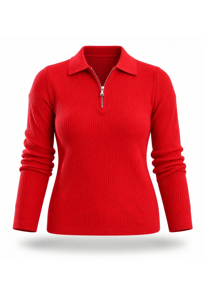 Kırmızı Polo Yaka Fermuarlı Fitilli Triko 5668