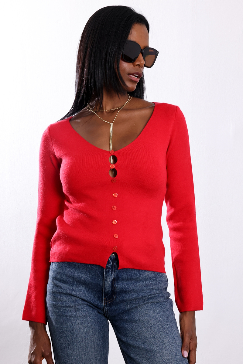 Kırmızı Süs Düğmeli V Yaka Triko 6603