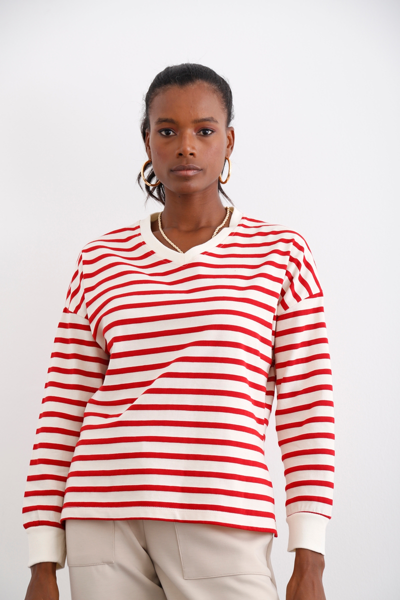 Kırmızı V Yaka Çizgili Sweatshirt 22054