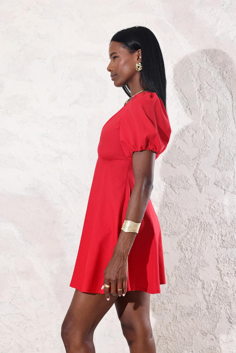 Kırmızı V Yaka Keten Elbise 8150