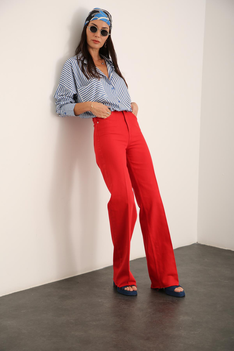 Kırmızı Yüksek Bel Wide Leg Jean 