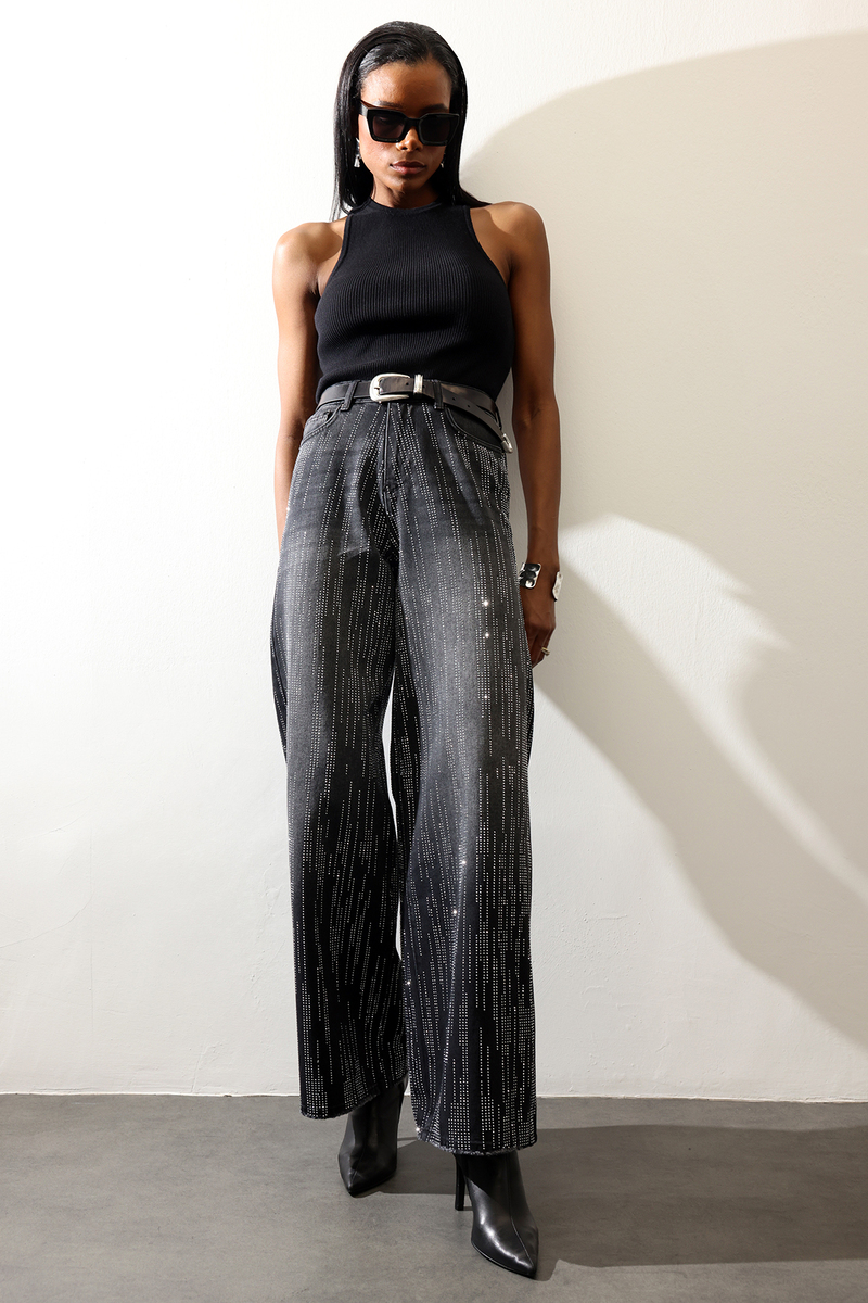 Koyu Füme Taşlı Düz Kesim Jean 