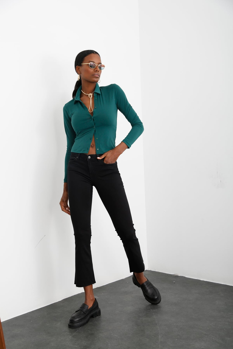 Koyu Füme Yüksek Bel Slim Flare Jean 2308